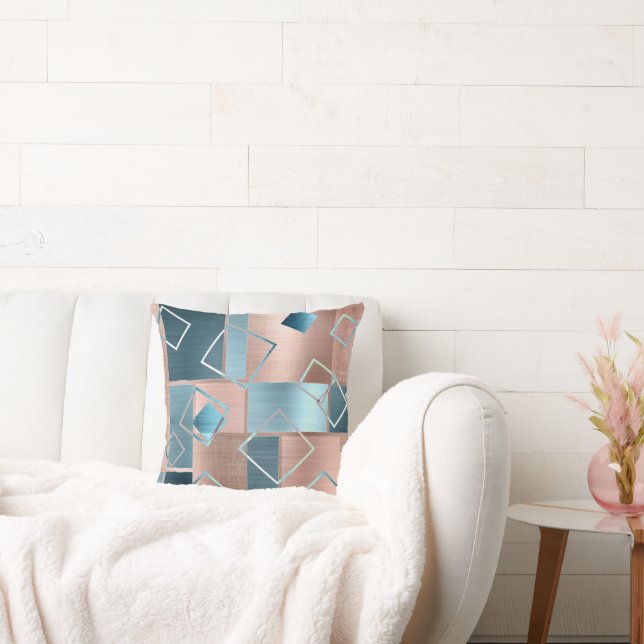 Luxe Abstrakt |  Ro Guld och Teal Geometric Kudde (Soffa)