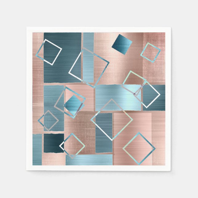 Luxe Abstrakt |  Ro Guld och Teal Geometric Pappersservett (Framsidan)
