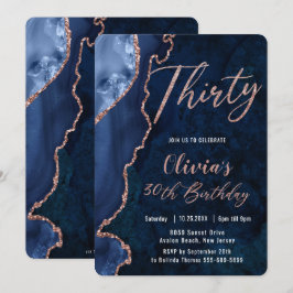 Luxe Agate Sapphire Blue Ro Guld 30års födelsedag Inbjudningar