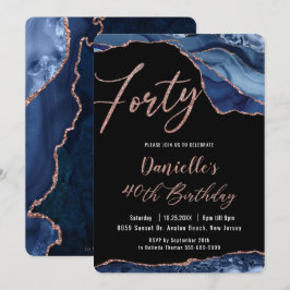 Luxe Agate Sapphire Blue Ro Guld 40:e födelsedagen Inbjudningar