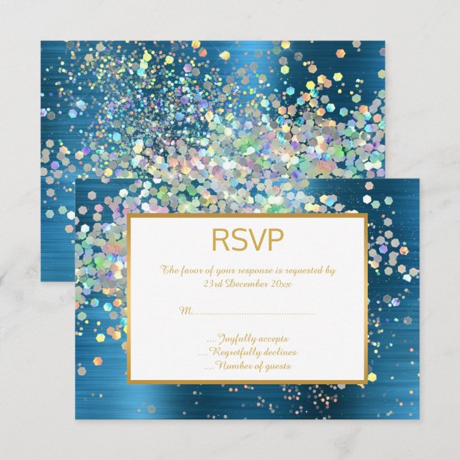 LUXE BLÅ REGNBÅGE HOLOGRAFISK PLATS RSVP OSA KORT (Fram/baksida)