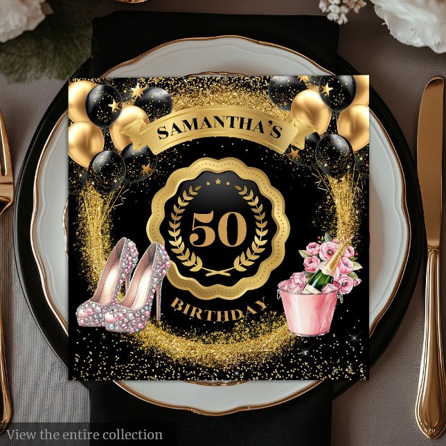 Luxe Black Balloons Napkins med Guld Glitter Art Pappersservett (Luxe Black Balloons Napkins with Gold Glitter Art

)