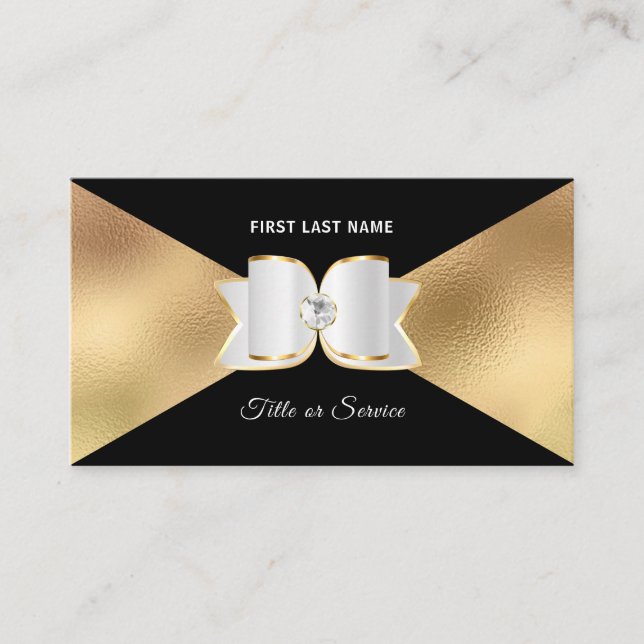 Luxe Black Gold Foil White Bow Rhinestone Diamond Visitkort (Framsida)