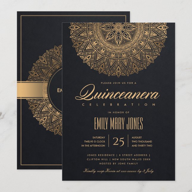LUXE BLACK GULD CLASSIC ORNATE MANDALA QUINCEANERA INBJUDNINGAR (Fram/baksida)