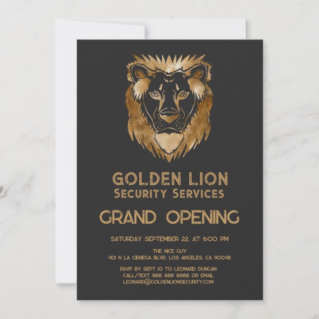 Luxe Black Guld Lejon Business Logotyp Grand Open Inbjudningar (Framsida)