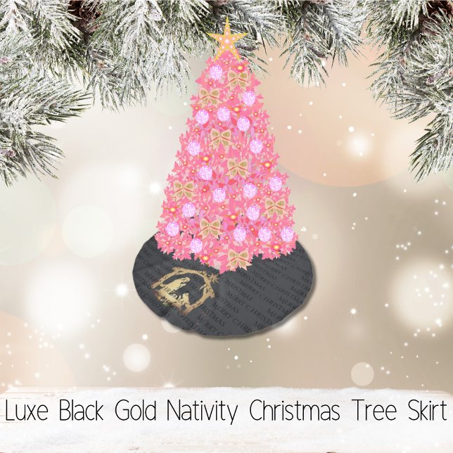 Luxe Black Guld Ntivity jul Julgransmatta Borstad Polyester (Luxe Black Gold Nativity Christmas Brushed Polyester Tree Skirt)