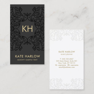 Luxe Black Ornate Guld Monogram Visitkort