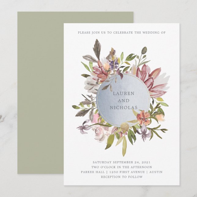 Luxe Blommigt i Moss | Elegant Watercolor Bröllop Inbjudningar (Fram/baksida)