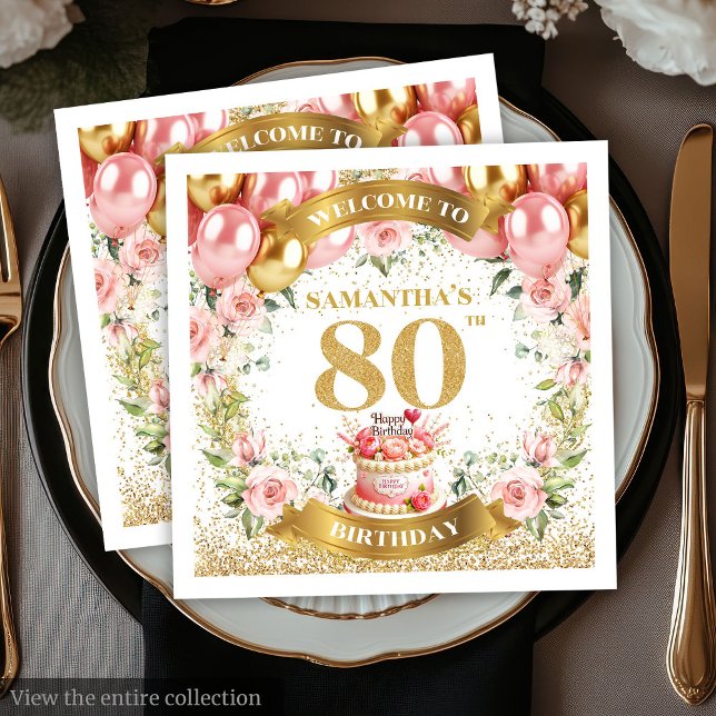 Luxe  blommor 80:e födelsedagsdagen Pappra blöjor Pappersservett (Luxe Blush Flowers 80th Birthday Paper Napkins)