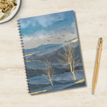 Luxe Blue Guld Mountain Träd Birds Himlar Landskap