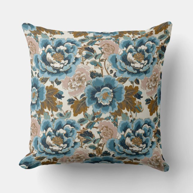 Luxe Blue Peony Blommigt Dekorativ kudde (Framsida)