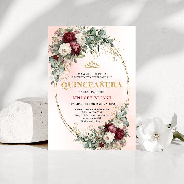 Luxe Bohemian Burgundy Peonies Quinceañera Invites Inbjudningar (Luxe Bohemian Burgundy Peonies Quinceañera Invitations)