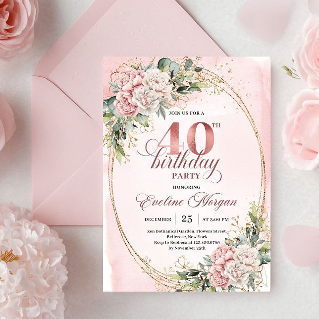 Luxe Bohemian Pastel Pink Floral 40th Birthday  Inbjudningar (Luxe Bohemian Pastel Pink Floral 40th Birthday Invitation)
