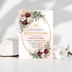 Luxe Boho Djupt Röda Peonies Eucalyptus Quinceañer Inbjudningar