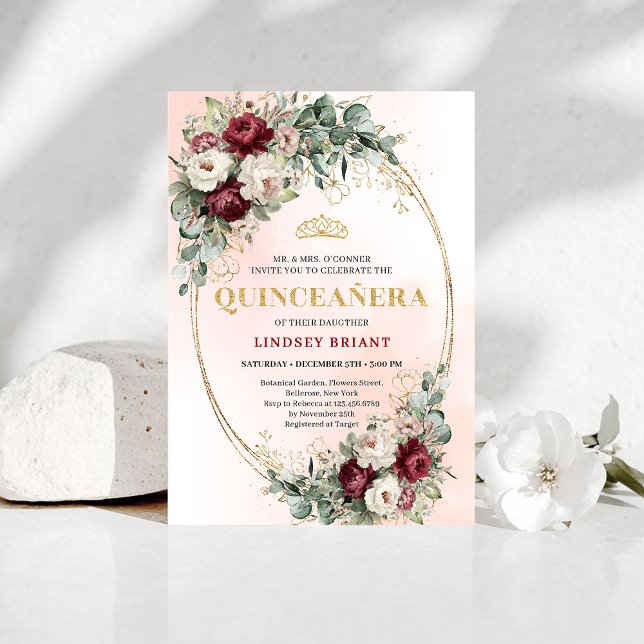 Luxe Boho Djupt Röda Peonies Eucalyptus Quinceañer Inbjudningar (Luxe Deep Red Peonies Eucalyptus Quinceañera Invite)