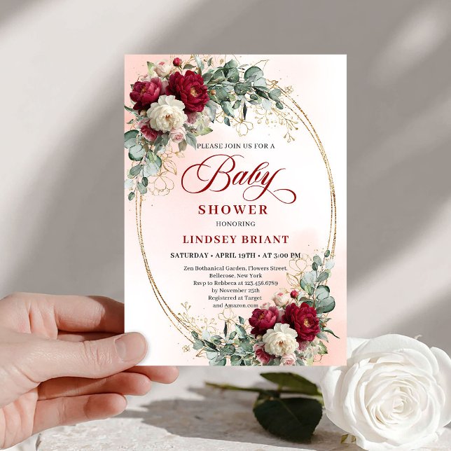 Luxe Boho Maroon Floral Gold Baby Shower Invitatio Inbjudningar (Luxe Boho Maroon Floral Gold Baby Shower Invitation)