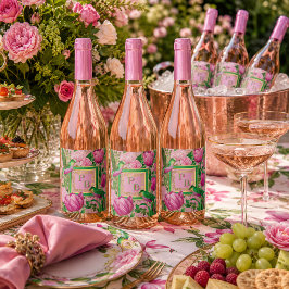 Luxe Botanisk Rosa och Grön Cocktailfest Vinflaska Etikett