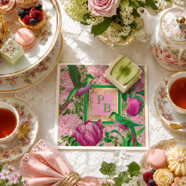 Luxe botanisk tekocktail för fest pappersservett (Beautiful Botanical Pink and Green Party Napkins )