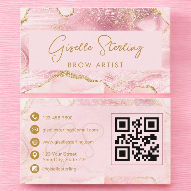 Luxe Brow Artist Blush Pink Gold Agate QR Code Visitkort (Skapare uppladdad)