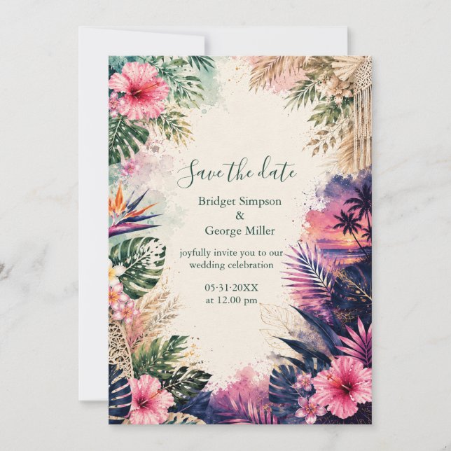 luxe Collage Hawaii Moody Boho Tropisk Bröllop  Inbjudningar (Framsida)