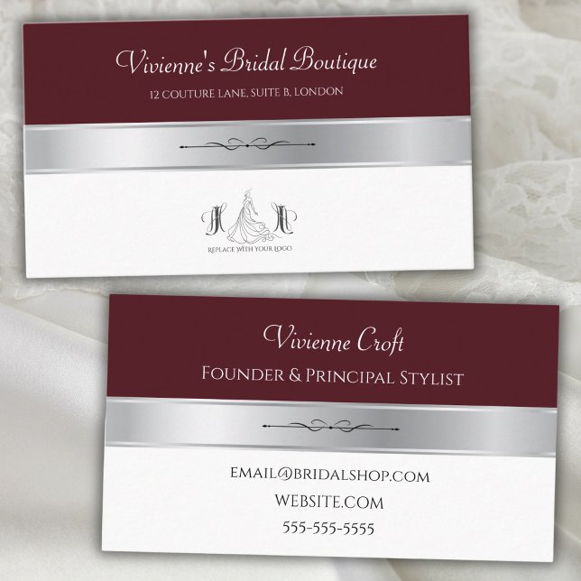 Luxe Crimson Bröllopsbutik Stylist Affärskort Visitkort (Luxe crimson and silver business card layout for high-end bridal stylists.)