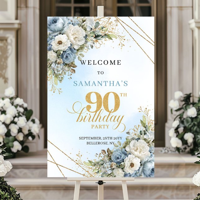 Luxe dammig blå blommor eucalyptus guld 90-årsdag poster (Luxe dusty blue florals eucalyptus gold 90th birthday

)