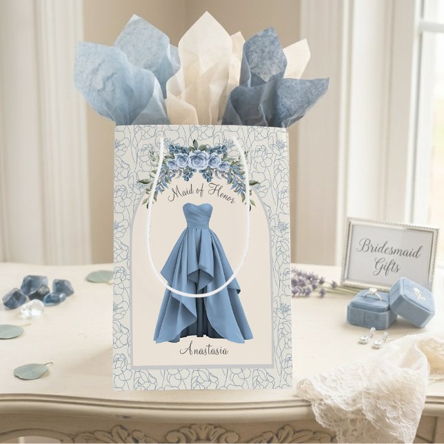 Luxe dammig blå brudtärna personlig (Luxe Maid of Honor proposal gift bag personalized slate blue wedding party gift packaging)