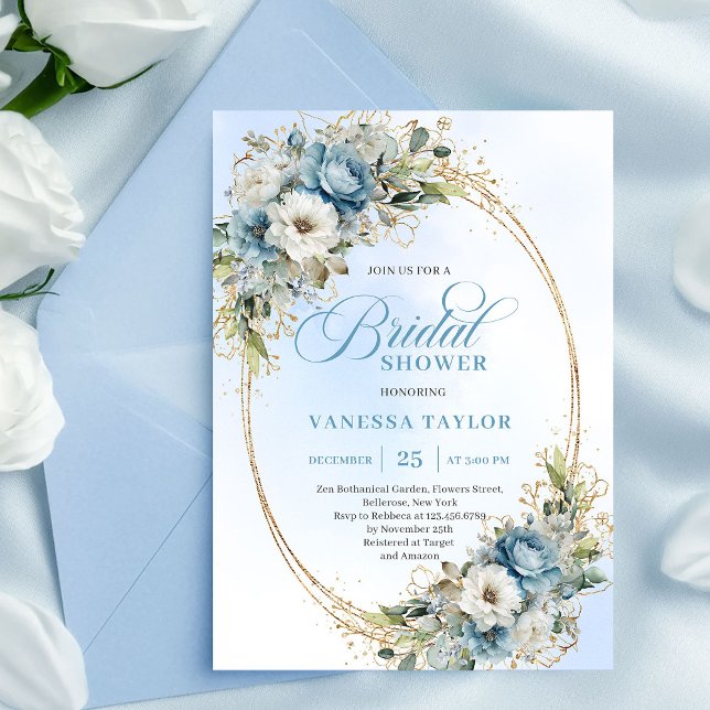 Luxe dammiga blå blommor guld ram bröllopsfest  inbjudningar (Luxe Dusty Blue Flowers Gold Frame Bridal Shower Invite)