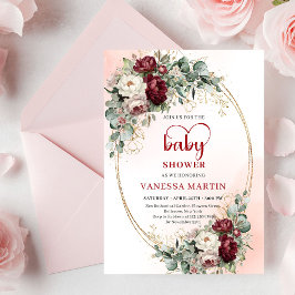 Luxe Deep Red Floral Heart-Shaped Font Baby Shower Inbjudningar