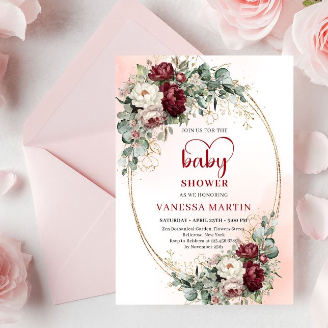 Luxe Deep Red Floral Heart-Shaped Font Baby Shower Inbjudningar (Luxe Deep Red Floral Heart-Shaped Font Baby Shower Invitation)