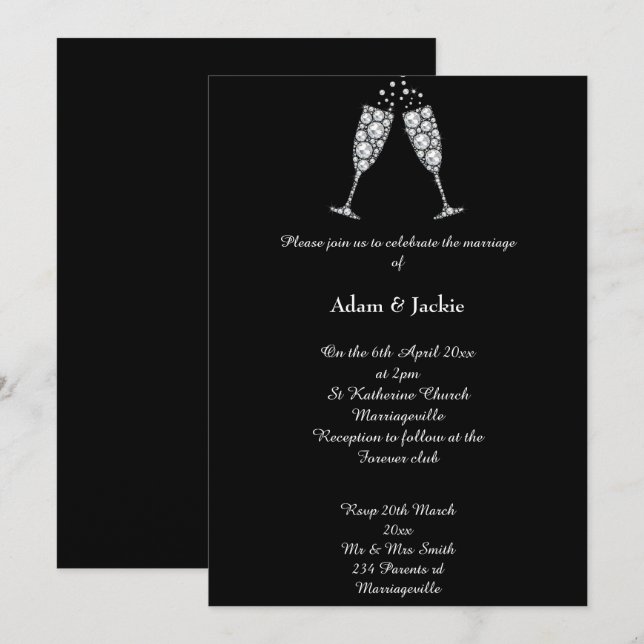 Luxe Diamond Champagne Glass ELEGANT BRÖLLOP Inbjudningar (Fram/baksida)