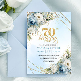 Luxe dusty blue florals gold frame 70th birthday  inbjudningar