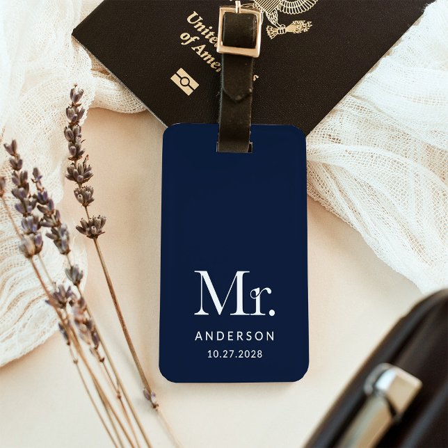 Luxe Elegance Navy Blue | Mr och Bröllop Date Bagagebricka (Skapare uppladdad)