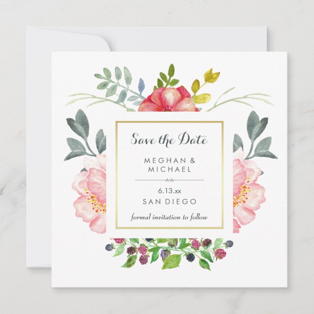 Luxe Elegant Peony Flowers med Guld Spara datum Datumet (Framsida)