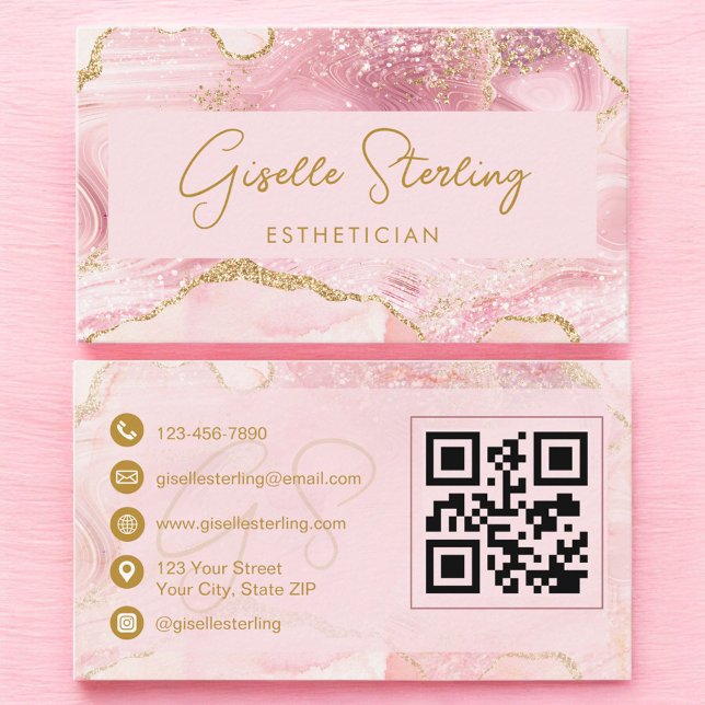 Luxe Esthetician Blush Pink Gold Agate QR Code Visitkort (Skapare uppladdad)