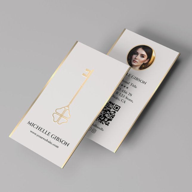 Luxe Faux Guld Nyckel Photo Light Sand Realtor QR Visitkort (Luxe Faux Gold Key Photo Light Sand Realtor QR Business Card
)
