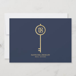 Luxe Faux Guld Skeleton Nyckel Monogram Navy Anteckningskort