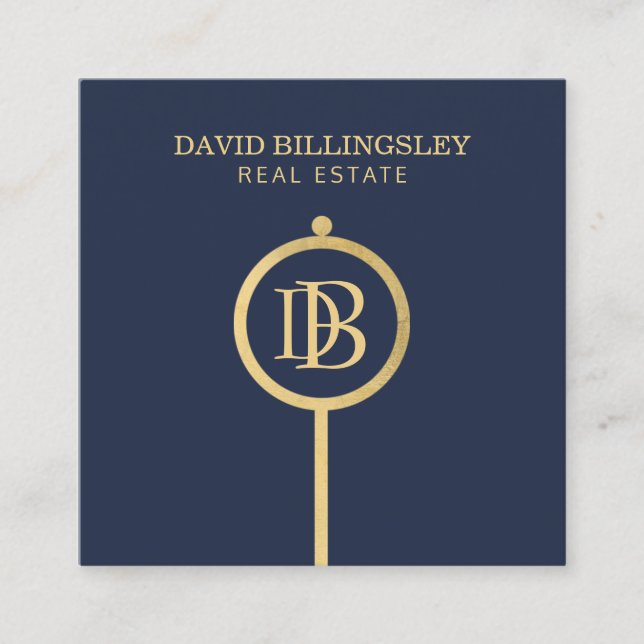 Luxe Faux Guld Skeleton Nyckel Monogram Realtor Bl Fyrkantigt Visitkort (Framsida)