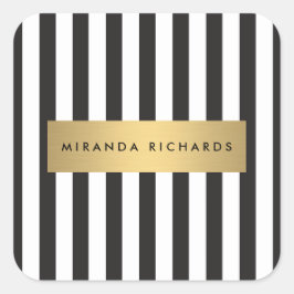 Luxe fettsvarta och vita ränder med guldstång fyrkantigt klistermärke