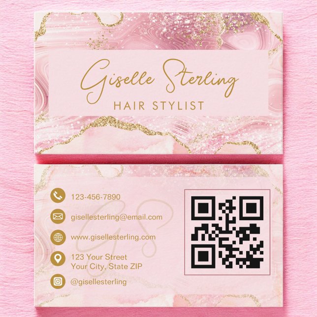 Luxe Frisörstylist Rosa Guld Agat QR-kod  Visitkort (Skapare uppladdad)