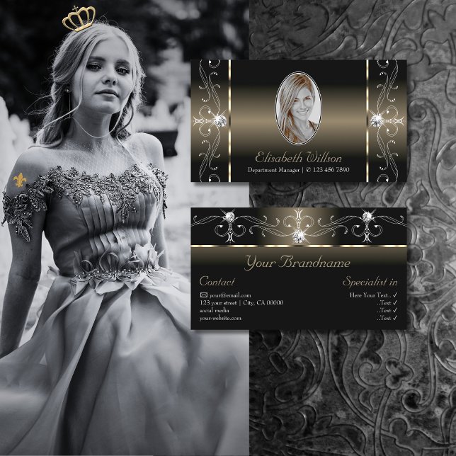 Luxe Glam Black Beige Squiggled Jewels med Photo Visitkort (Skapare uppladdad)