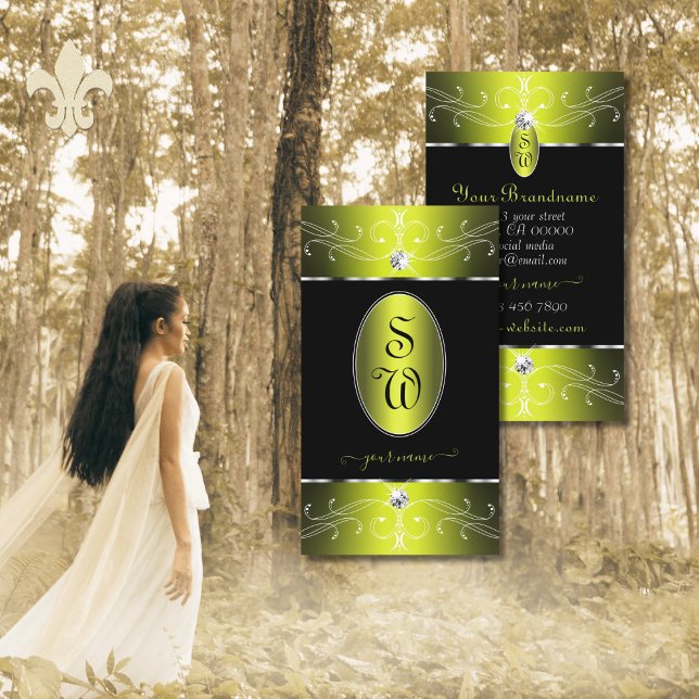 Luxe Glam Black Gult Ornate Ornaments Monogram Visitkort (Skapare uppladdad)