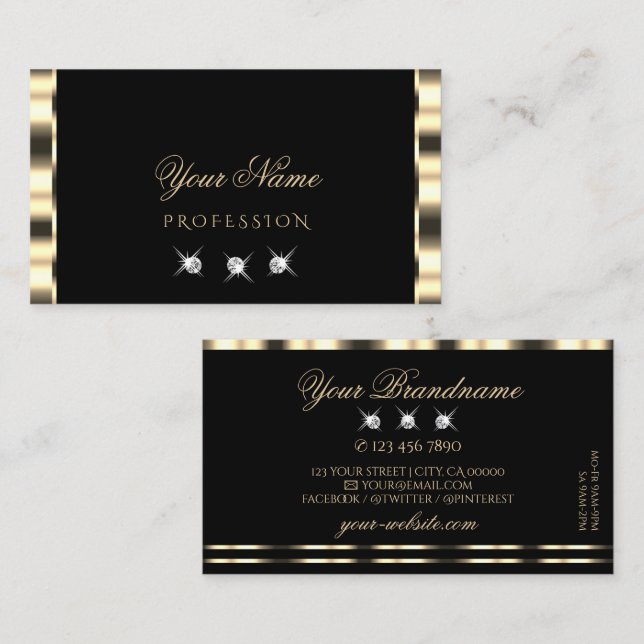 Luxe Glam Guld Black Sparkling Diamonds Luxurious Visitkort (Fram/baksida)