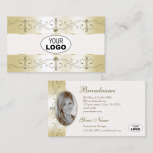 Luxe Glam Guld Cream Ornate Gräns Logotyp och Phot Visitkort