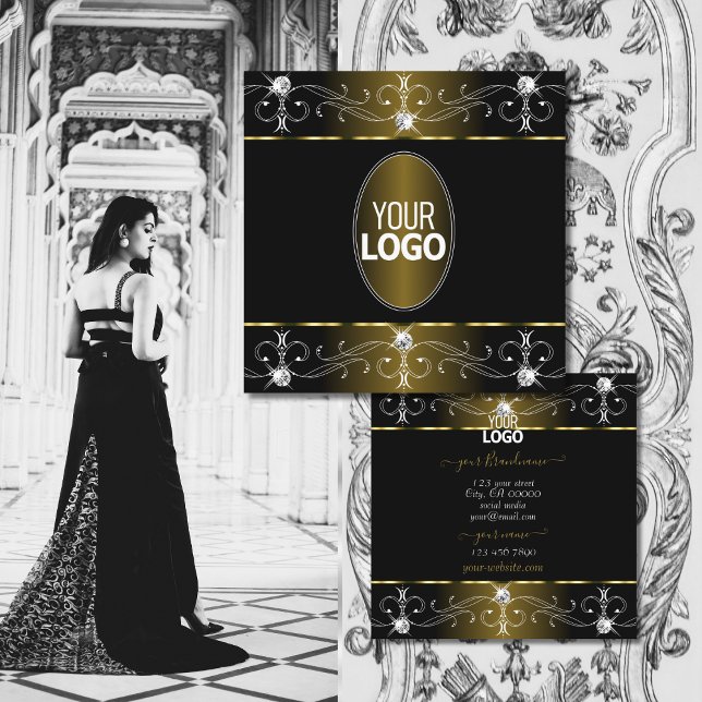 Luxe Glam Guld och Black Ornate Ornaments add Logo Fyrkantigt Visitkort (Skapare uppladdad)