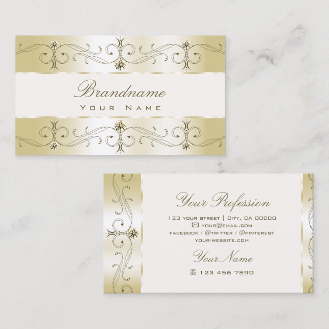 Luxe Glam Guld och Cream Ornate Gräns Ornamental Visitkort (Fram/baksida)