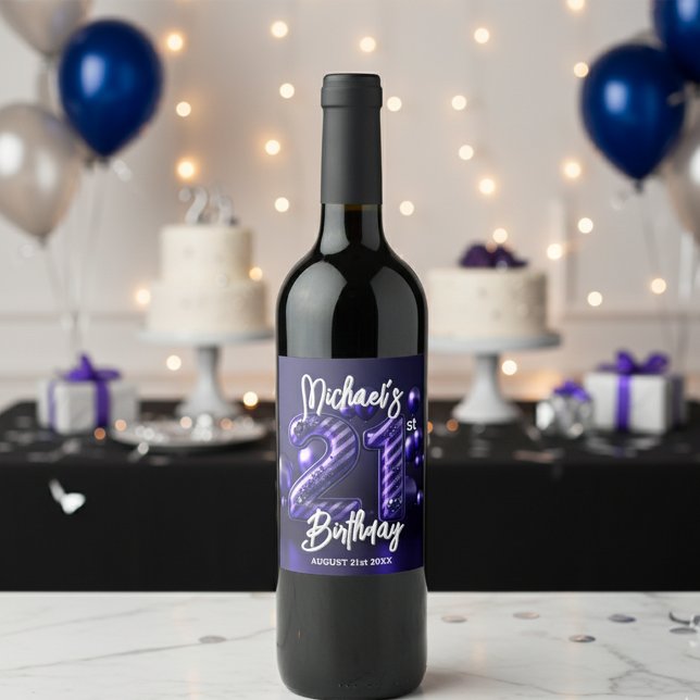 Luxe Glam Lila Glitterrand 21-årsfirande Vinflaska Etikett (Skapare uppladdad)
