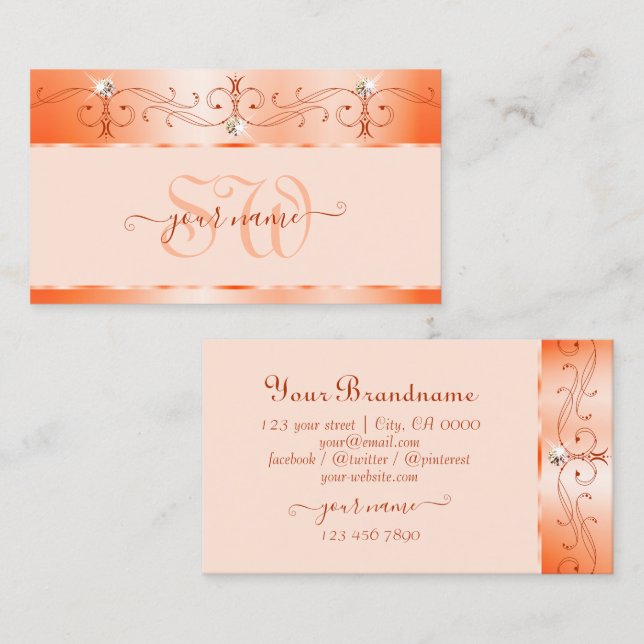 Luxe Glam Peach Ornate Sparkling Jewels Monogram Visitkort (Fram/baksida)
