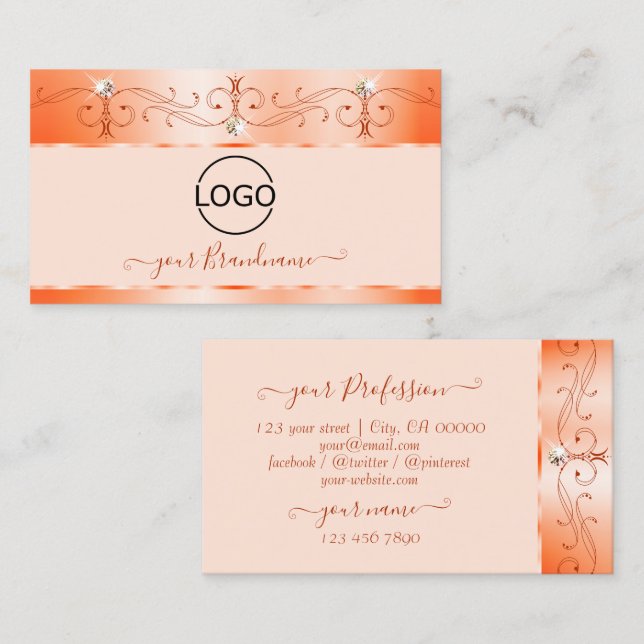 Luxe Glam Salmon Ornate Sparkling Jewels med Logot Visitkort (Fram/baksida)