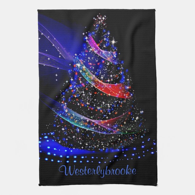 Luxe Glittery Navy Julafton Träd Namn Kitchen Towe Kökshandduk (Vertikal)